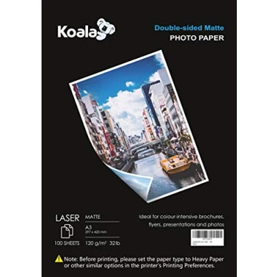 Afbeelding van KOALA Dubbelzijdig mat fotopapier voor laserprinters, A3, 120 g/m², 100 vellen. Geschikt het afdrukken van foto&#039;s, brochures, certificaten, boekjes, flyers, kalenders, kaarten