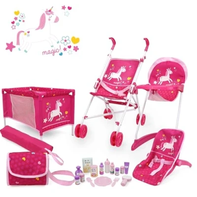 Afbeelding van 509 Crew Unicorn Rose 21 delige Stroll n Play &amp; Care Combo set, Doll Stroller, Playard, High Chair Carry Cot, Luiertas, Feeding and Grooming Accessoires, Leeftijd 3+