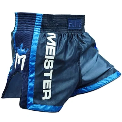 Afbeelding van MEISTER Elite Shorts van Muay Thai volledig elastische tailleband met mesh, marineblauw/blauw
