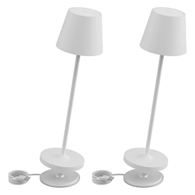 Afbeelding van K Bright Led tafellamp op batterijen, dimbaar, oplaadbaar, warmwitte lichtkleur, voor binnen en buiten, met contact oplaadstation, wit (2 stuks)