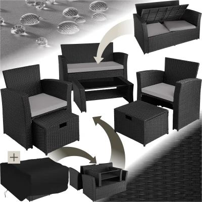 Afbeelding van tectake® wicker tuinzitgroep voor 4 personen met kruk, poly rotan tuinmeubelset ingebouwde opbergbox in de bank zwart/grijs incl. beschermhoes