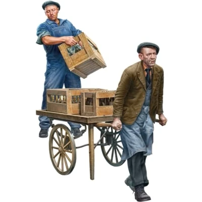 Afbeelding van 1:35 MiniArt 38071 Calvados Verkopers 2 Figuren Kar en Kratten met Flessen Plastic Modelbouwpakket