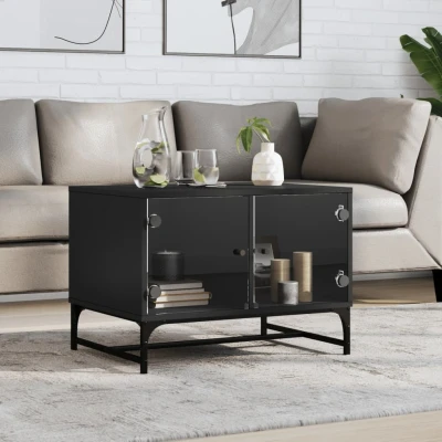 Afbeelding van Salontafel met glazen deuren 68,5x50x50 cm zwart