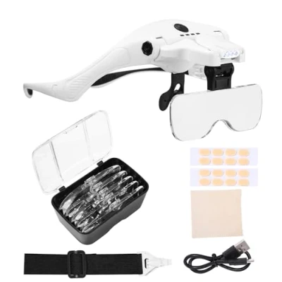 Afbeelding van Vergrootglazen met licht, vergrotingsbril, USB oplaadbaar, 4 ledlampen en 2 instelbare helderheidsniveaus voor brildragers, hoofdvergrootglas 5 lenzen 1,0 x 1,5 2,0 2,5 3,5