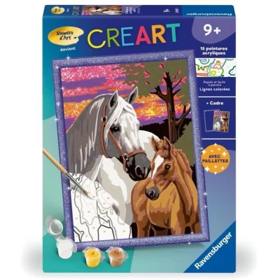 Afbeelding van Ravensburger CreArt Kids 18x24cm Numéro d&#039;art Chevaux au Coucher du Soleil Kit de Peinture par numéros avec Effet Scintillant Dès 9 Ans 25809