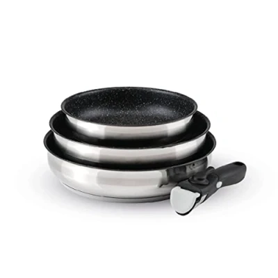 Afbeelding van Set van 3 braadpannen in roestvrij staal non stick coating met afneembaar handvat Zilver / Zwart