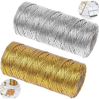 Afbeelding van Metalen koord, goudkleurig, decoratief 2 rollen, 100 m, gouddraad, Kerstmis, voor doe het zelf, handwerk, decoratie, knutselen, gevlochten, verpakking, geschenken, maken van