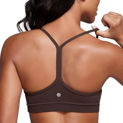 Afbeelding van CRZ yoga dames lage impact gewatteerde sportbeha voor Y racer rug spaghettibandjes beha tops, Bruin in hete fudge