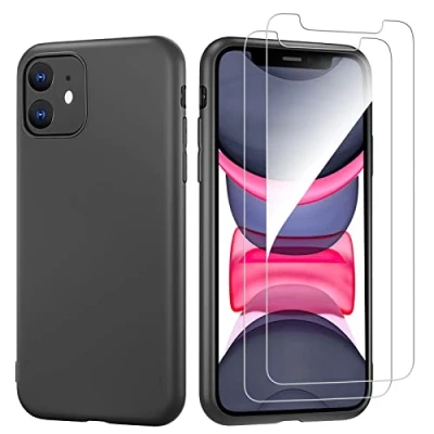 Afbeelding van NEW&#039;C beschermhoes voor iPhone 11, ultradun, van siliconen, zwart en 2 x gehard glas, displaybeschermfolie krasbestendig