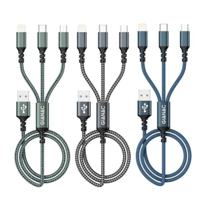 Afbeelding van GIANAC Multi USB kabel [3 stuks 1,2 m] 3 in 1 universele snellaadkabel meervoudige oplaadkabel met Lightning Micro type C voor iPhone, Android Galaxy, Huawei