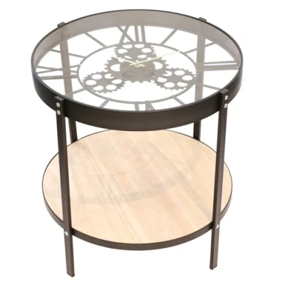 Image de The Home Deco Factory Table d&#039;appoint en métal et bois horloge 50 cm