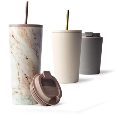 Afbeelding van Mameido Thermosbeker met rietje, 700 ml, waterdichte koffiethermos, van roestvrij staal, BPA vrije thermobeker, koffiebruin (Parelmoer, 0,7 l)