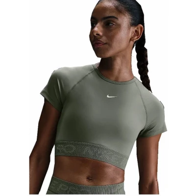 Afbeelding van Nike Performance CROP TOP Sport Tshirt, Dames, Maat: Small, Light army/cargo khaki/white