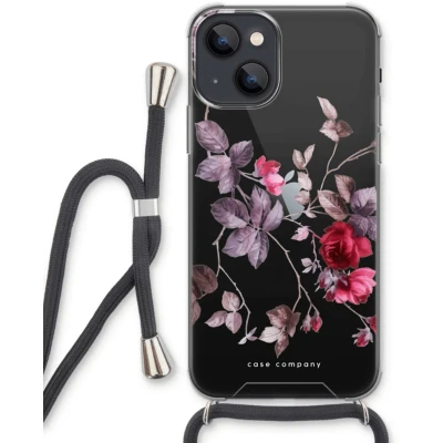 Afbeelding van Case Company® hoesje met Koord geschikt voor iPhone 13 Mooie bloemen Telefoonhoesje Zwart Extra Bescherming aan alle Kanten en Over de Schermrand