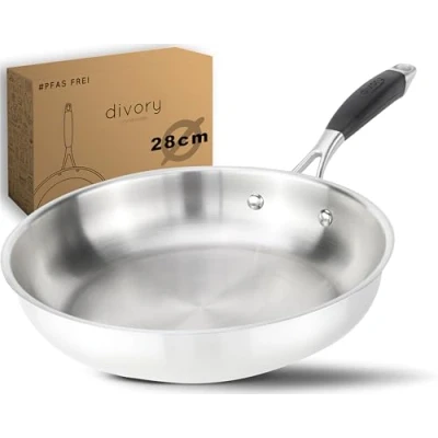 Afbeelding van DIVORY 28 cm RVS Inductiepan Zonder Coating Koekenpan Inductie met Ergonomische Handgreep, Koekepan geschikt voor alle Kookplaten, vaatwasserbestendig, (Zilver Koekenpannen, cm)