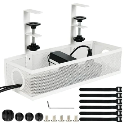 Afbeelding van Belle Vous White Under Desk Cable Management Tray Wire and Cord Metal Organiser Basket with Clamp for Home &amp; Office No Drill Damage to Table