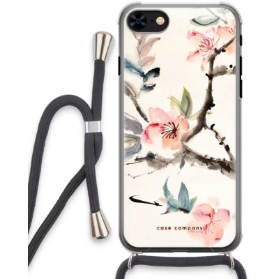 Afbeelding van Case Company® hoesje met Koord geschikt voor iPhone 7 Japanse bloemen Telefoonhoesje Zwart Extra Bescherming aan alle Kanten en Over de Schermrand