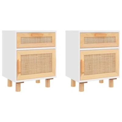 Image de vidaXL Tables de chevet 2pcs Blanc Bois pin massif et rotin naturel345607