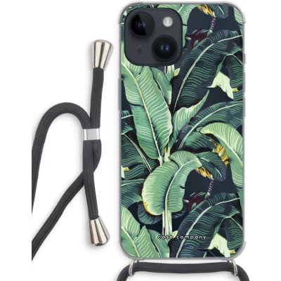 Afbeelding van Case Company® hoesje met Koord geschikt voor iPhone 14 Bananenbladeren Telefoonhoesje Zwart Extra Bescherming aan alle Kanten en Over de Schermrand