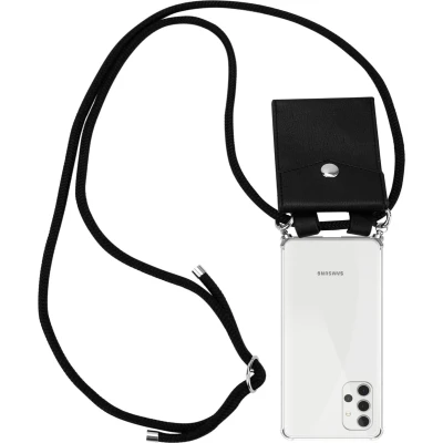 Afbeelding van Cadorabo Hoesje geschikt voor Samsung Galaxy A32 4G in ZWART Silicone Mobiele telefoon ketting beschermhoes met zilveren ringen, koordriem en afneembaar etui
