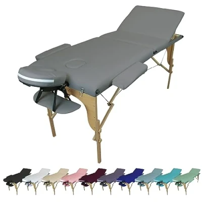 Afbeelding van Vivezen Massage ligstoel, inklapbaar, 3 zones, van hout, met reiki plaat + accessoires en transporttas, 10 kleuren, CE standaard, grijs