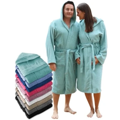 Afbeelding van LEBENGOOD Uniseks badjas met capuchon, 100% katoen, badstof, 400 g, zakken, zachte badjas, douchehanddoek voor dames, Aqua