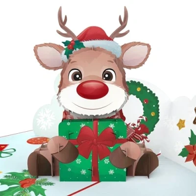 Afbeelding van MOKIO® Pop up kerstkaart rendier met cadeau schattige 3D kerstcadeaukaart envelop