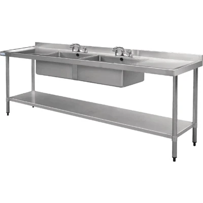 Afbeelding van Vogue RVS spoeltafel dubbele spoelbak afdruiprek links en rechts 240x60cm