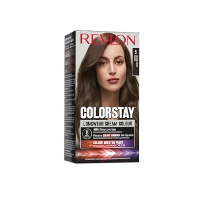 Image de Revlon ColorStay Coloration Permanente cheveux Longue Tenue Couvre 100% des blancs Jusqu’à 8 semaines Huile de Macadamia et Beurre Murumuru N5 Châtain