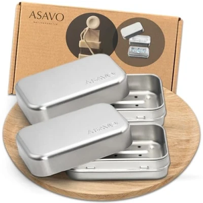 Afbeelding van ASAVO Set van 2 zeepdozen metaal en aluminium met afneembaar afvoerrooster, roestvrij staal, voor op reis