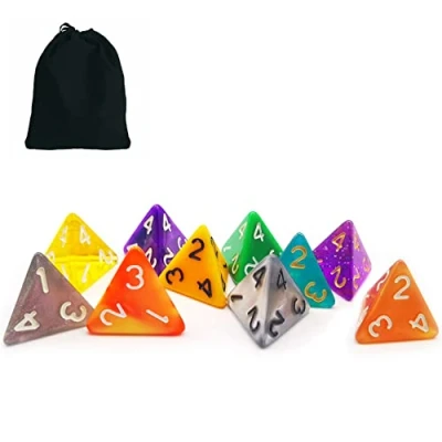Afbeelding van Bescon Polyhedral 4 Sided Dice Cube, 10 Count gesorteerde willekeurige kleuren en kleurrijke verpakking met D4 in zakje trekkoord