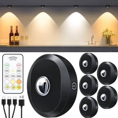 Afbeelding van WILLED Set van 6 USB oplaadbare led spots met afstandsbediening, ronde kastverlichting, 3 kleurtemperaturen, dimbare spot, draadloze vitrineverlichting functie