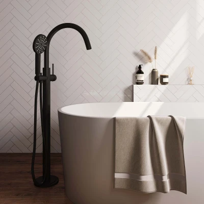 Afbeelding van Brauer Black carving Staande Badkraan handdouche rond 3 standen 2 knoppen PVD mat zwart