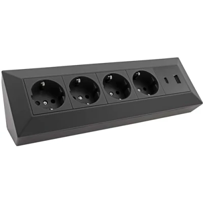 Afbeelding van ChiliTec 4 voudige hoekstekkerdoos met USB A C PD voor kantoor, keuken, werkplaats, zwart