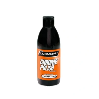 Afbeelding van Lux Metal Chroompolish 250 g polijstpasta ideaal voor chromatuur verwijdert oxide en roestonzuiverheden. Poli reinigt de verhoudingen weer zonder