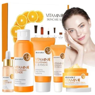 Afbeelding van HASAIKA Vitamine C huidverzorgingsset met toner, gezichtsserum, gezichtscrème en oogcrème, voor anti aging oplichting, hydraterende huidverzorging