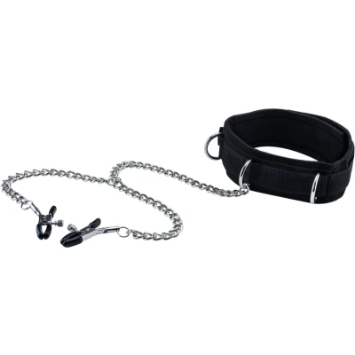 Afbeelding van OUCH! Velcro Tepel Klemmen met Halsband voor Onderdanige Slaaf Zwart