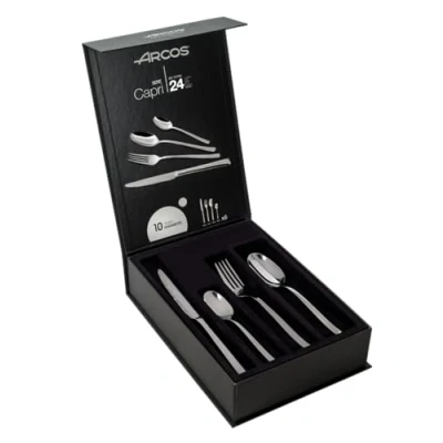 Afbeelding van Arcos Capri Serie Geschenkdoos Bestekset 24 delig (6 Messen + 12 Lepels 6 Vorken) Monoblok uit één stuk Roestvrij Staal Zilverkleurig