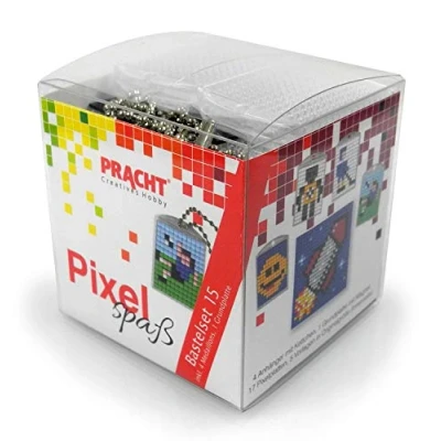 Afbeelding van Pracht Creatives Hobby Pixel P90035 63501 Leuke knutselset voor 4 sleutelhangers (medaillons) kinderen, eenvoudig insteeksysteem, zonder strijken en lijmen, biologische kunststof strass steentjes
