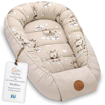 Afbeelding van Réducteur de Lit Bébé 90x50cm Cocon en Gaufre Coton Polyvalent pour Couffin Nid d&#039;Ange et Naissance idéal garçons filles Girafes
