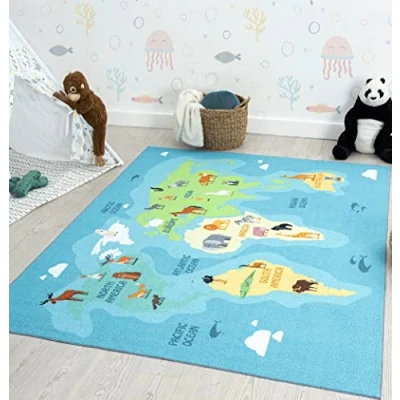 Afbeelding van Vloerkleed kinderkamer Blauw 80x150 cm Afwasbaar Antislip Tapijt voor jongens en meisjes met dieren wereldkaart Happy Life by the carpet