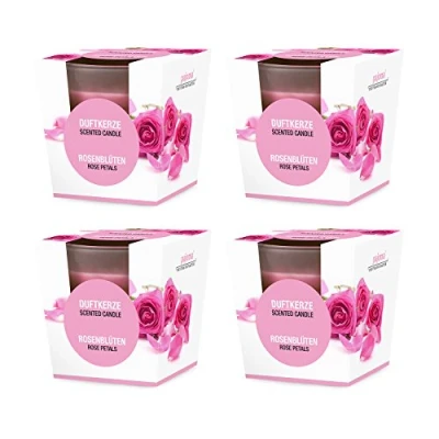 Afbeelding van pajoma® Set van 4 geurkaarsen met rozenblaadjes in gesatineerd glas, x 120 g was, brandduur: 25 uur, elegante geschenkverpakking, hoogwaardige kwaliteit