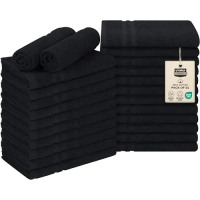 Afbeelding van Utopia Towels Set van 24 bleekbestendige katoenen salonhanddoeken (40,6 x 68,6 cm) sporthanddoeken 100% katoen, geschikt voor bleekmiddel (24 stuks, zwart)