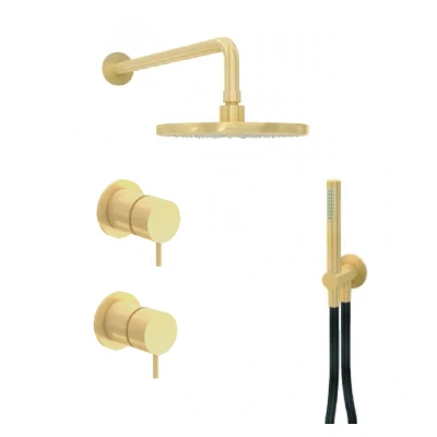 Afbeelding van Waterevolution Flow inbouw doucheset met thermostaat regendouche en handdouche geborsteld light gold PVD