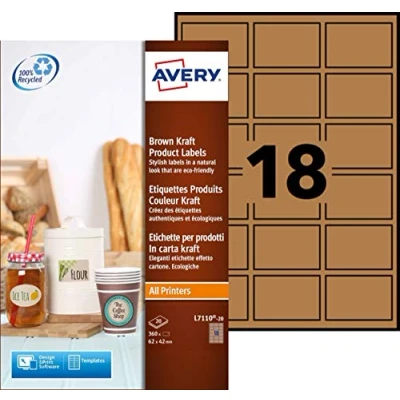 Afbeelding van Avery L7110 20 productetiketten ft 62 x 42 mm (b h), 360 etiketten, kraft etiket