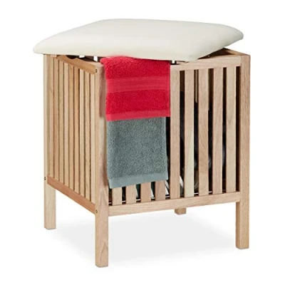 Afbeelding van Relaxdays Wasmand met zitting, badkamerkruk opbergruimte, 40 liter, wasmand, hout/stof, 51 x 41 cm, naturel/wit