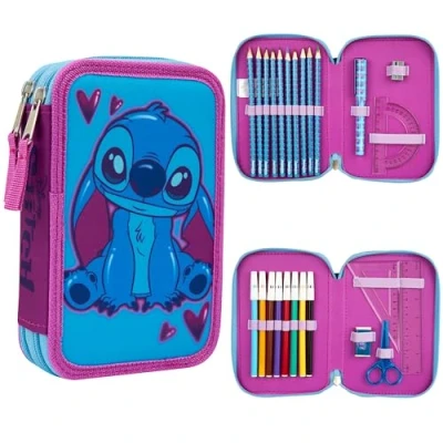 Afbeelding van Disney Pennenetui voor meisjes, Stitch, ijskoningin, gevuld etui met vak viltstiften, schoolbenodigdheden, cadeau idee kinderen, Dubbele ritssluiting blauw/paars, Potloodtassen