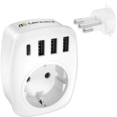 Afbeelding van LENCENT Reisadapter met USB C AC Schuko naar L bus Italië Chili Maldiven Uruguay Syrië