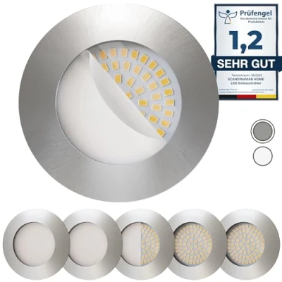 Afbeelding van Scandinavian home Set van 6 led inbouwspots, 60 mm 70 mm, geschikt voor badkamer, warmwit, 230 V, CRI 90, 4,8 W, 450 lm, 3000 K, 68 roestvrij stalen design met melkglas, spot, plafondinbouwlamp, plat