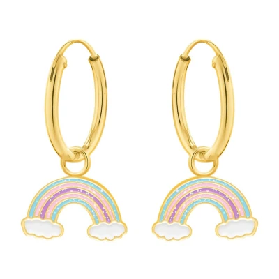 Afbeelding van Zilveren oorbellen meisje Gold plated oorringen met hanger, regenboog in pastelkleuren glitters